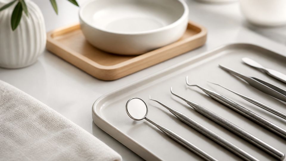 Tannlegeinstrumenter lagt opp på et lyst brett ved siden av en oliventregrein i en vase.
