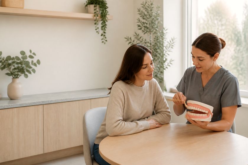 Tannpleier viser en pasient en modell av tenner og kjeve ved et bord i klinikken.